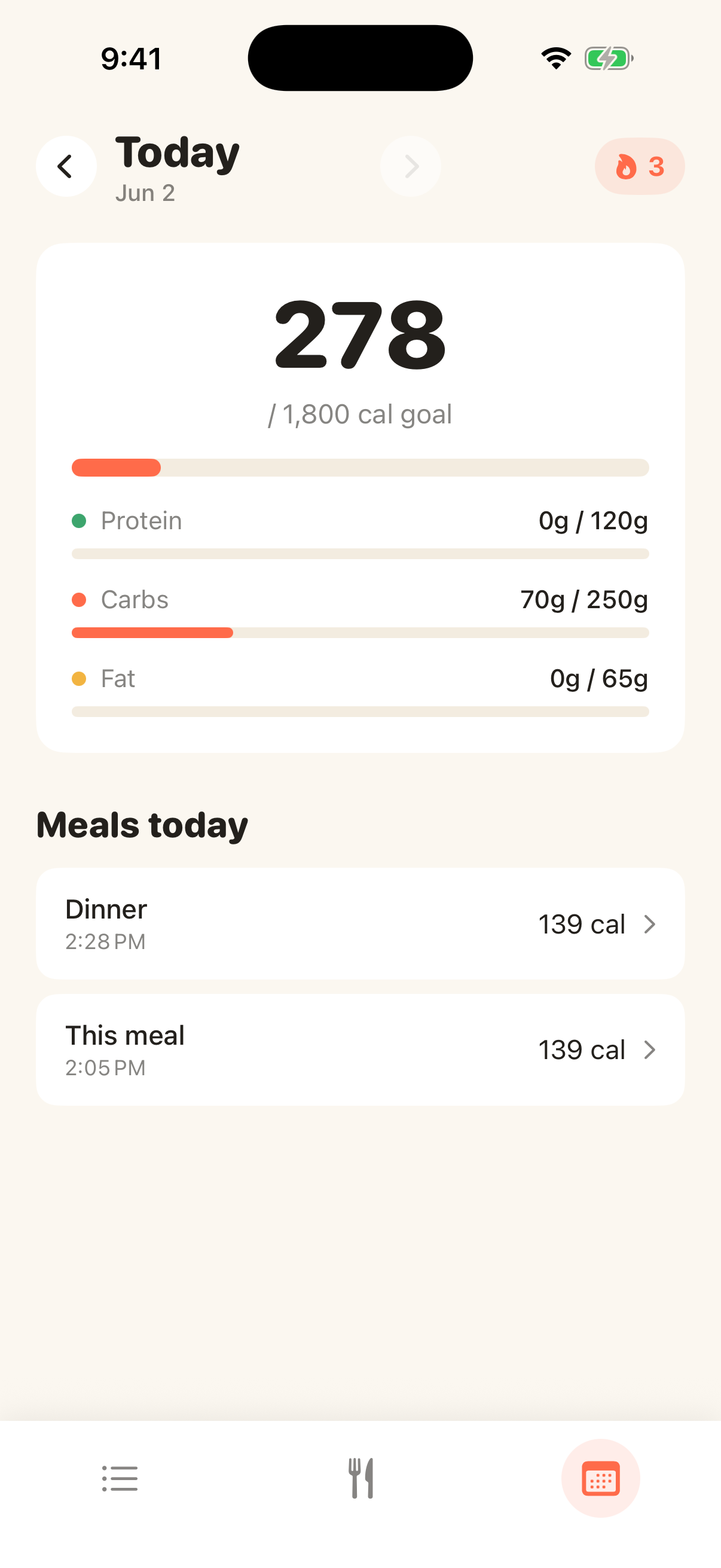 Daily log with calorie ring and streak