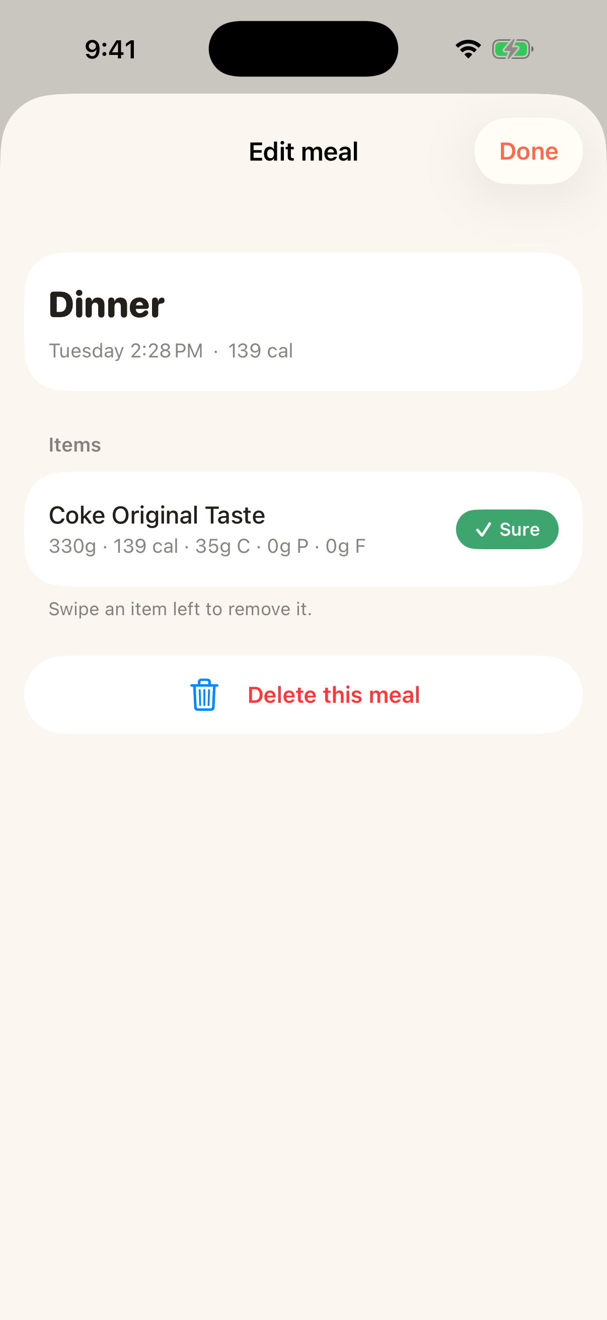 Meal detail with confidence chip